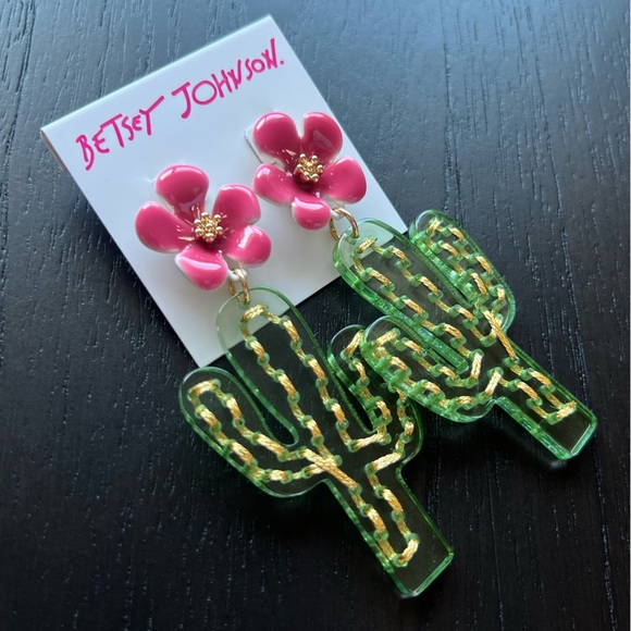 NWT Betsey Johnson Acetate Cactus with Flower Drop Earrings - Green & Pink - Picture 2 of 5